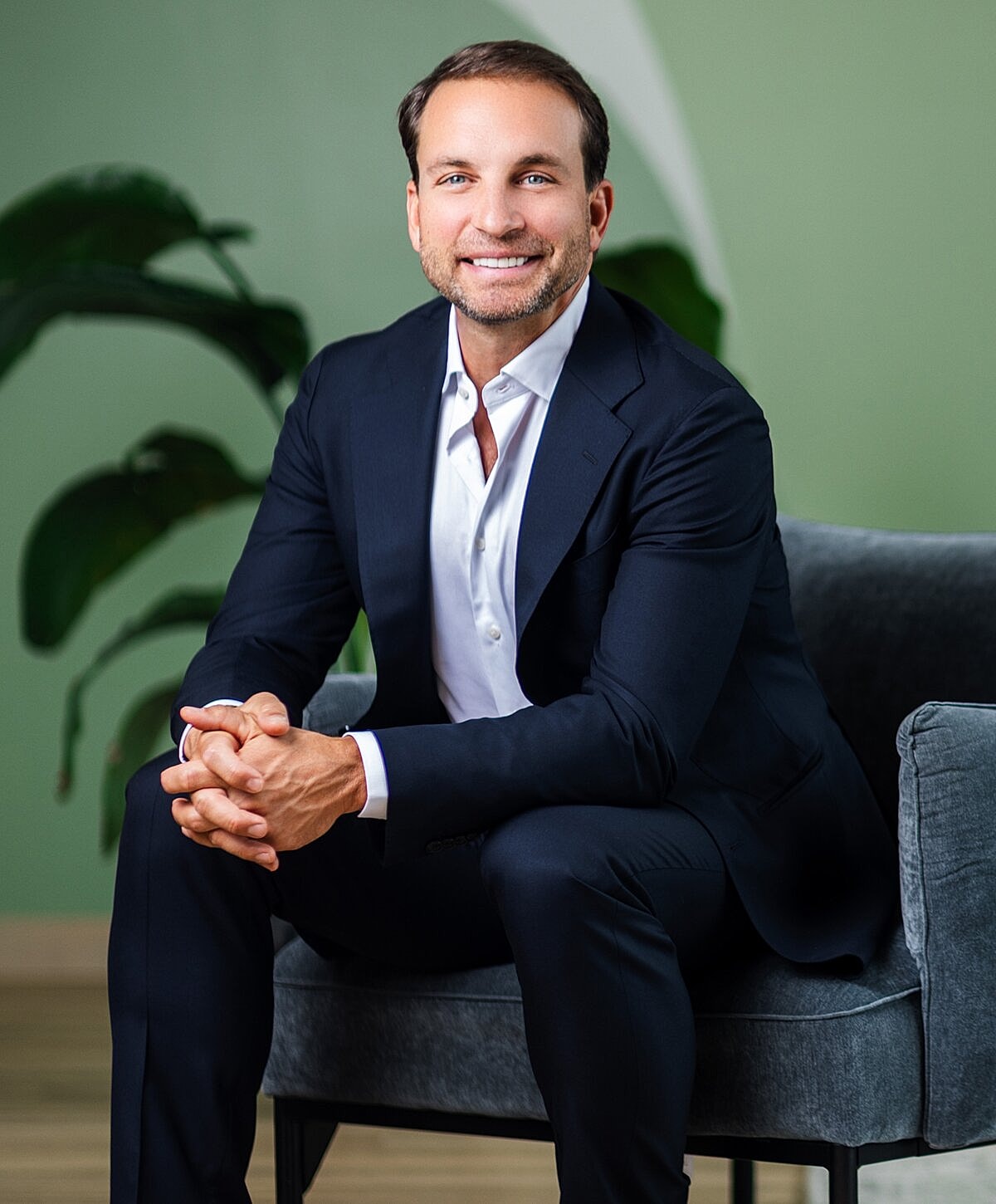 Modern living space with stylish blue chairs