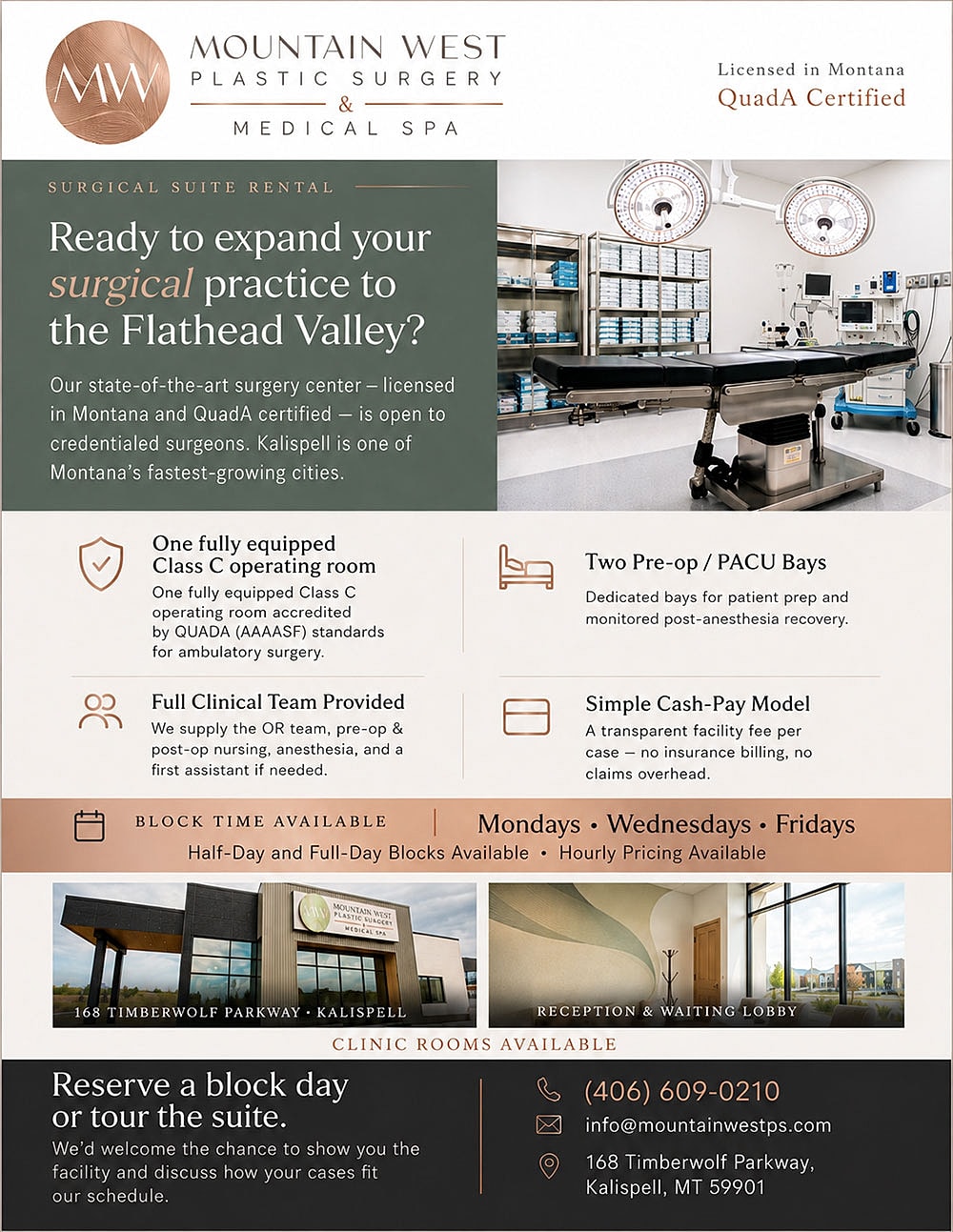 Surgical suite rental information for medical professionals.