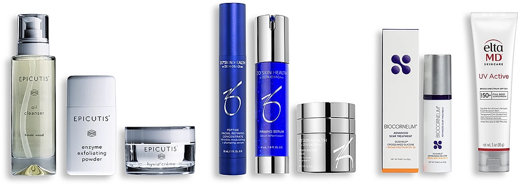 Skincare products lined up on a white background.