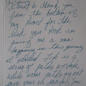 Handwritten thank you message to Dr. Spring
