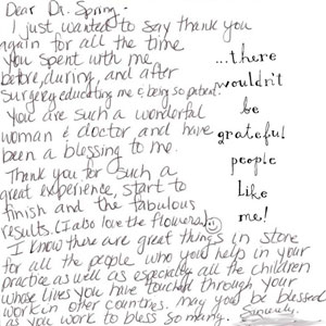 Handwritten thank you message to Dr. Spring