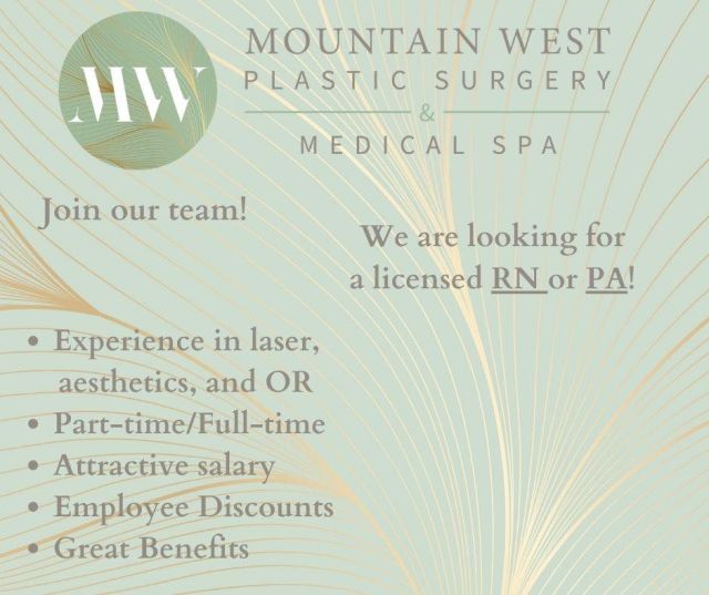 We are hiring! E-mail your resume to info@mountainwestps.com 
 OR
Click indeed link to apply! https://www.indeed.com/viewjob?jk=4d367e158d1b496a 

#mountainwestplasticsurgery #plasticsurgery #kalispell #hiring
