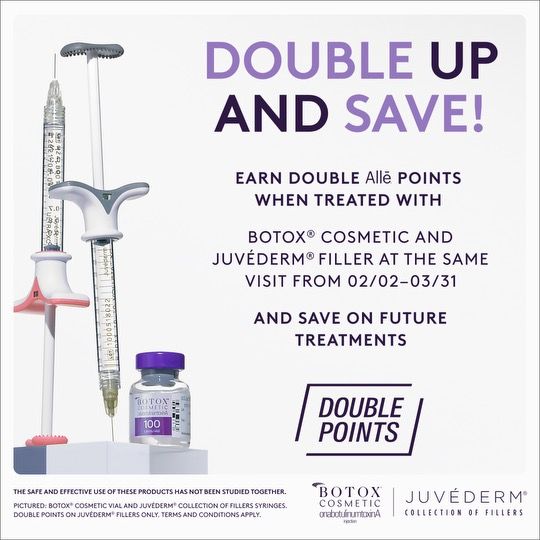 Get double Allé points on Juvederm when getting Botox in the same appointment before March 31st. Earn up to 400 points per syringe for up to 4 syringes. Learn more at https://www.allerganbrandbox.com/
 #allepoints #AllerganAesthetics #brandbox